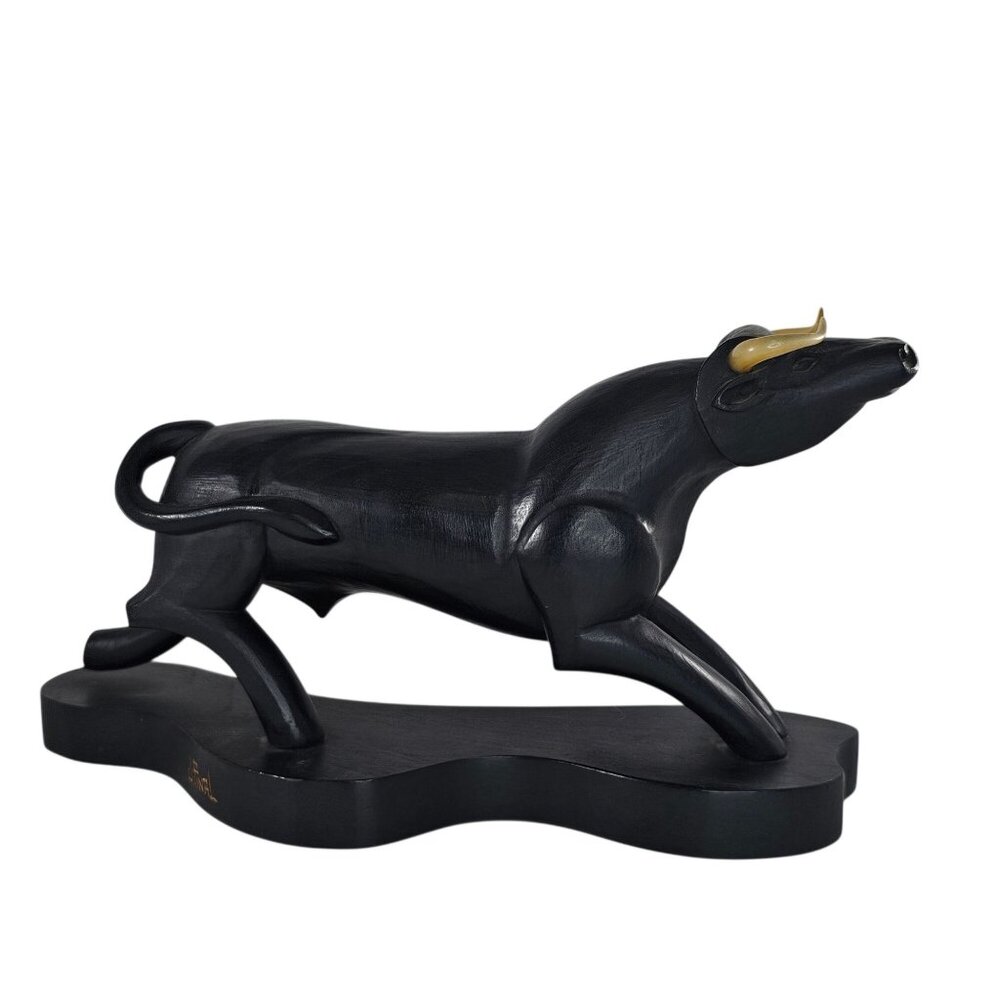 J Jose Pinal Fighting Bull Hand Carved Wood Signed Mexican Folk Art Vintage